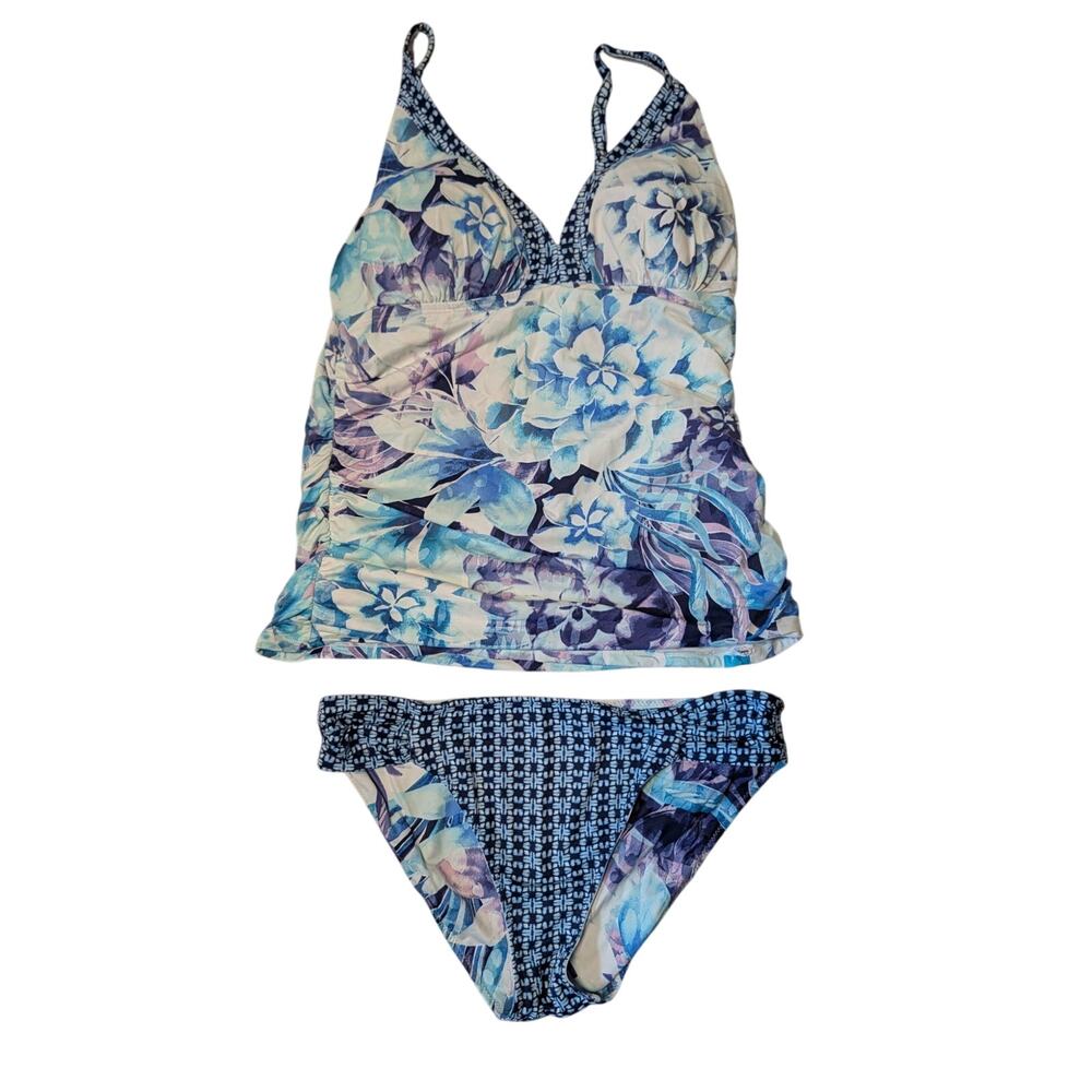 Tommy Bahama Reversible bottom Tankini Set Womens L Blue Purple Floral Geometric